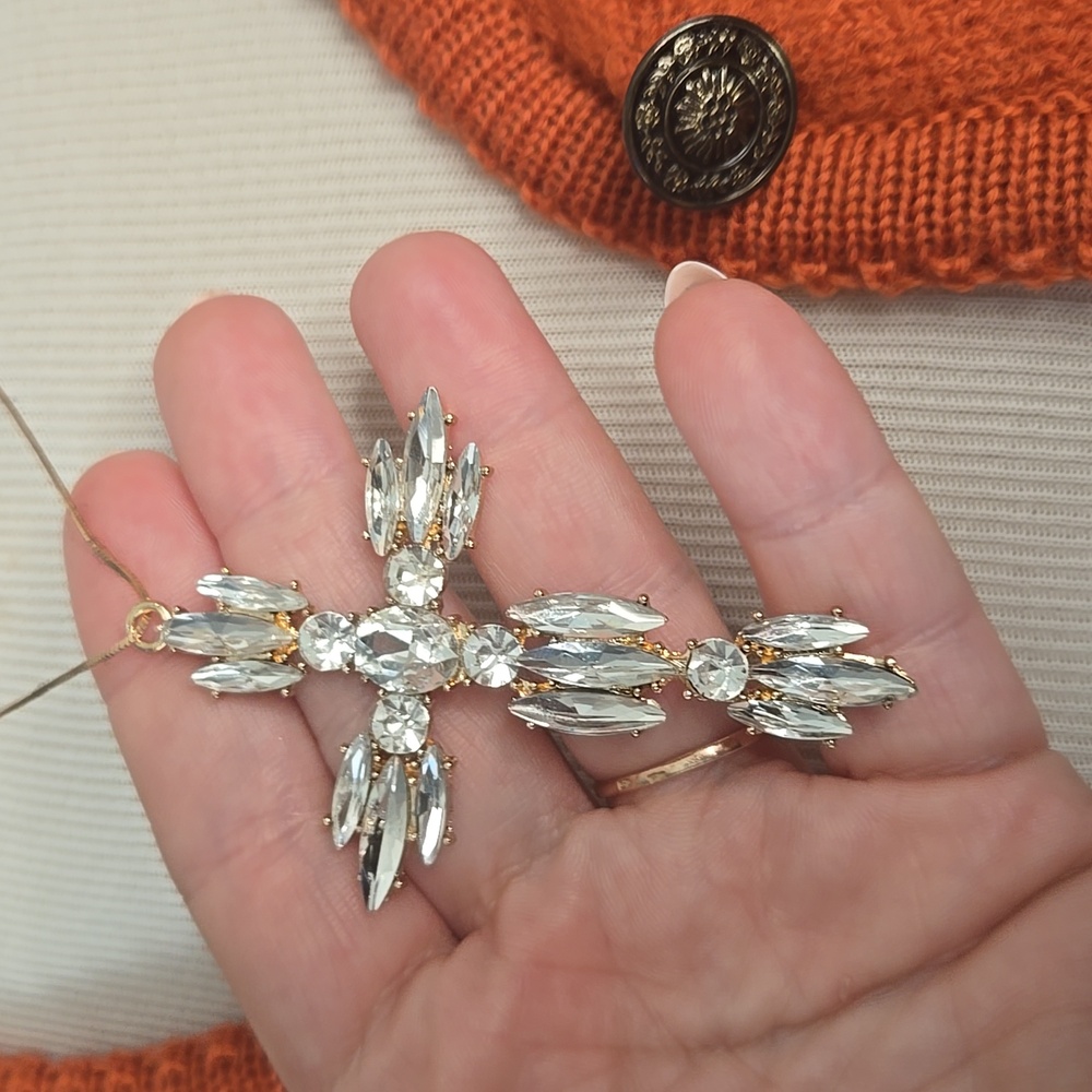 Crystal Cross Pendant Necklace – Gold Tone | Cubic Zirconia Statement Piece - Picture 4 of 8